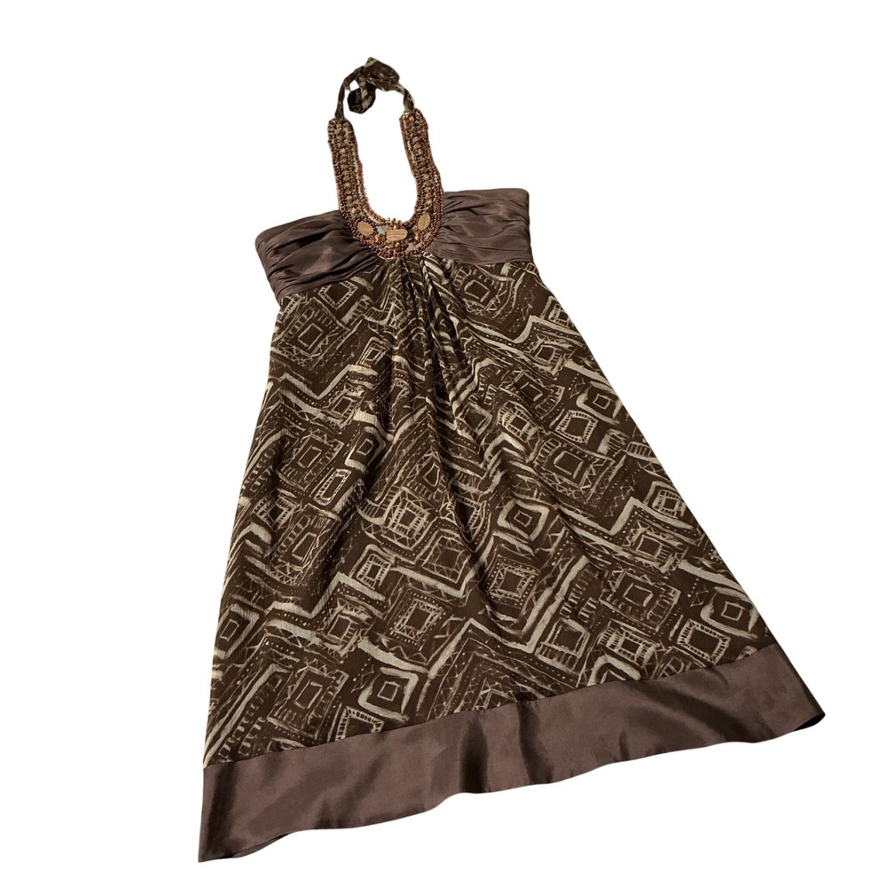 BCBGMAXAZRIA Beaded Tribal Print Silk Halter Dress Womens 0 Brown Boho Ruched